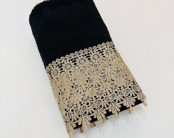 Lace Hand and Bath towels for your bathroom, black and gold, made for you by August Ave Towels, pick your size and towel color, black towels