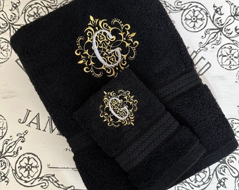 Serviettes Black Gold, serviette à main, salle de bain, cadeau personnalisé, serviettes brodées, vendues individuellement, serviettes de bain, salle de bain, serviette monogrammée