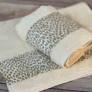 Leopard Bath towels, cream ivory gold beige, and bath towels made by august ave, towels, powder room, sold individually, leopard, cheetah