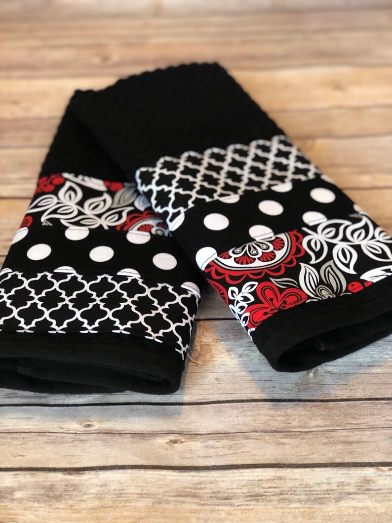 Kitchen Towel Set Black White Red Handmade Kitchen Black Etsy