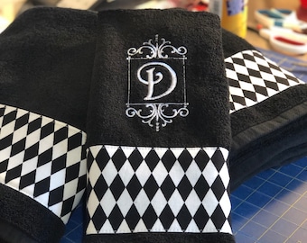 Harlequin Black and White diamond bathroom towel custom monogram, towels personalized monogrammed, hand, sheet, bath, washcloth