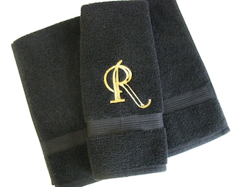 Black Cotton Towel with Gold Monogram Embroidery