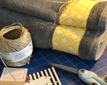 Yellow and Grey Bath Towels, yellow and grey, yellow and gray, yellow bathroom, grey bathroom, decorated towels, august ave, hand towel,