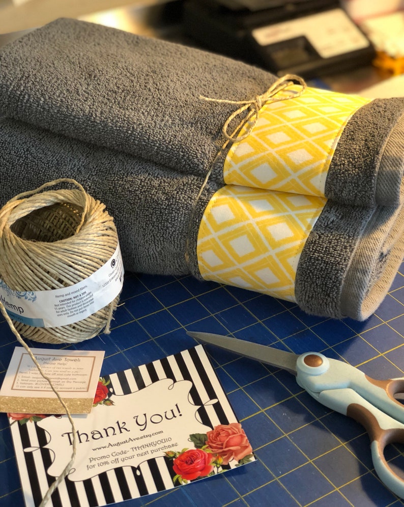 Yellow and Grey Bath Towels, yellow and grey, yellow and gray, yellow bathroom, grey bathroom, decorated towels, august ave, hand towel, image 1