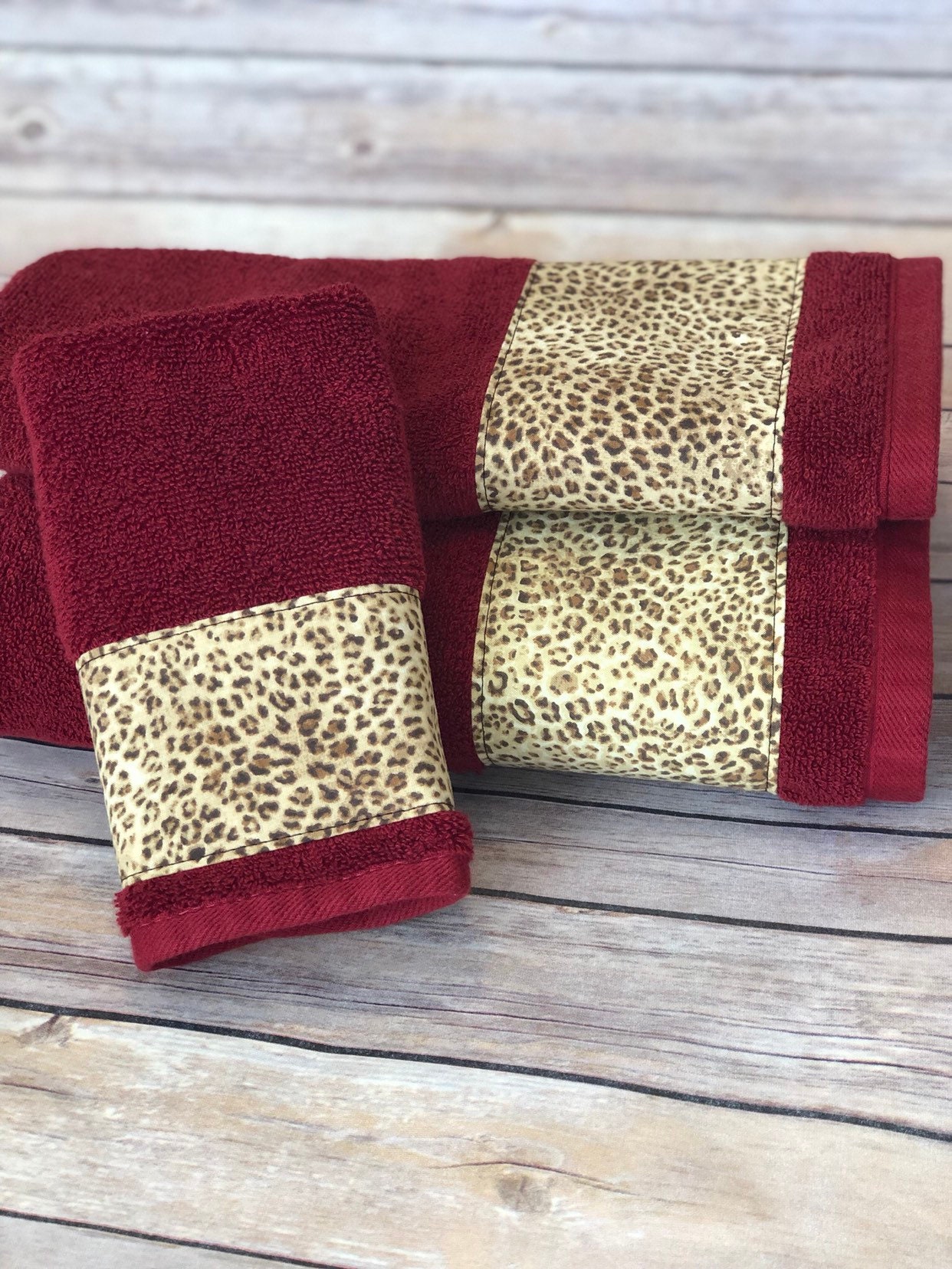 Leopard Red Bath towels. cream and brown leopard print on red Etsy