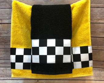 Bath Towels Black and White Check in 4 sizes 10 colors of towel to choose from made for you by August Ave Towels, checkerboard
