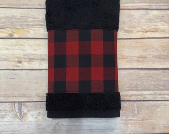 Black Buffalo Check Towels, Bathroom towel, bath towel hand towels, Farmhouse bathroom, red gingham, red and black check, Cabin Décor