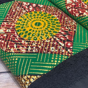 African Green Metallic Ankara Bath Towels, West African Print, Sold Individually, Black bathroom hand and bath towels Green and Gold fabric