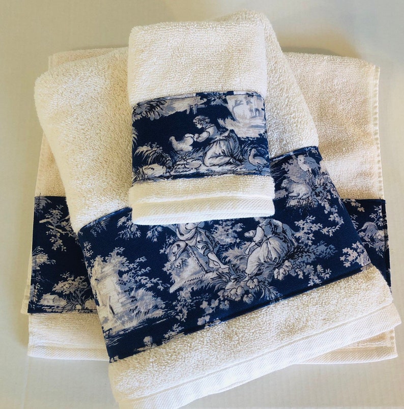Toile D'Jouy Bath Towels blue fabric with either white or ...