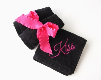 Embroidered Makeup Remover Towel: Black Cotton Face Washcloth