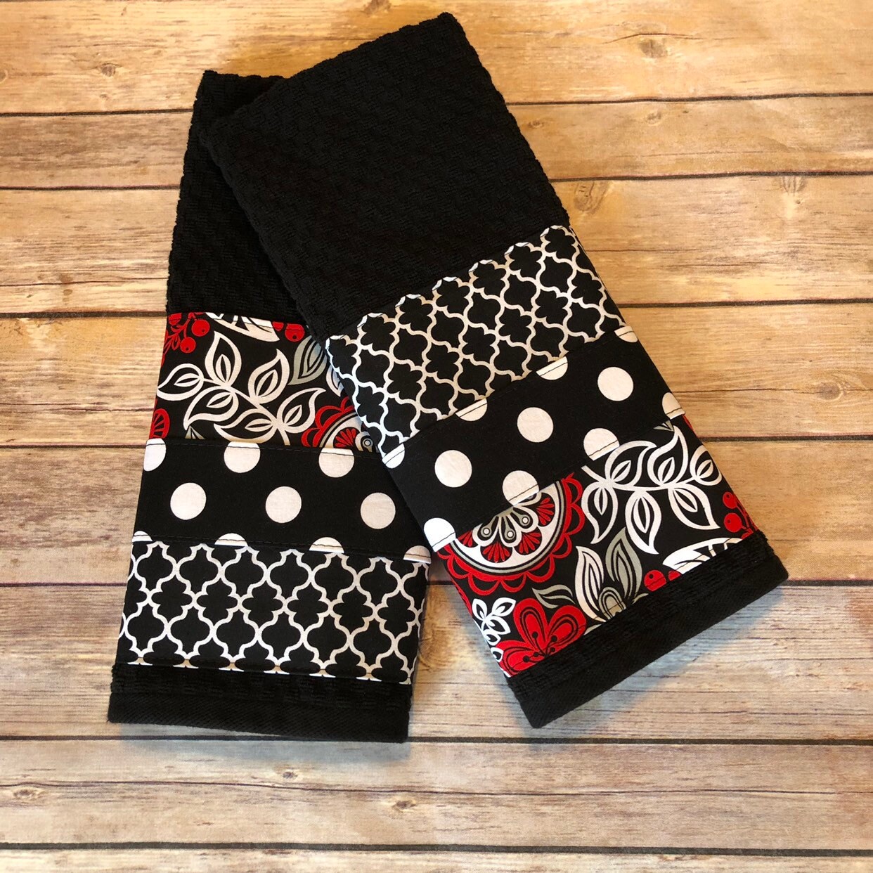 Kitchen Towel Set Black White Red Handmade Kitchen Black Etsy