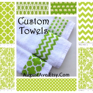 May include: Custom towels with green and white patterned borders. The patterns include geometric, floral, polka dot, and chevron designs. The text "Custom Towels" and "AugustAve.Etsy.Com" are visible.