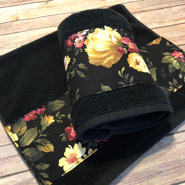 Black and Floral Bath Towels in 4 sizes roses in shades of gold yellow pink burgundy made just for you by August Ave Towels