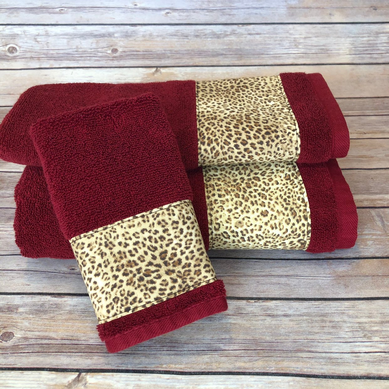 Leopard Red Bath towels. cream and brown leopard print on red Etsy