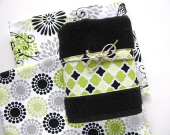 Lime Green, green and black, lime green towel, black towels, bathroom, hand towel, august ave, bathroom decor, towel bar, bath, butterfly