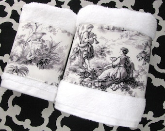 Toile D'Jouy Towels,  hand towels, bath towels, french country, bathroom, custom towels, bath decor, towels, toile, august ave, towel bar