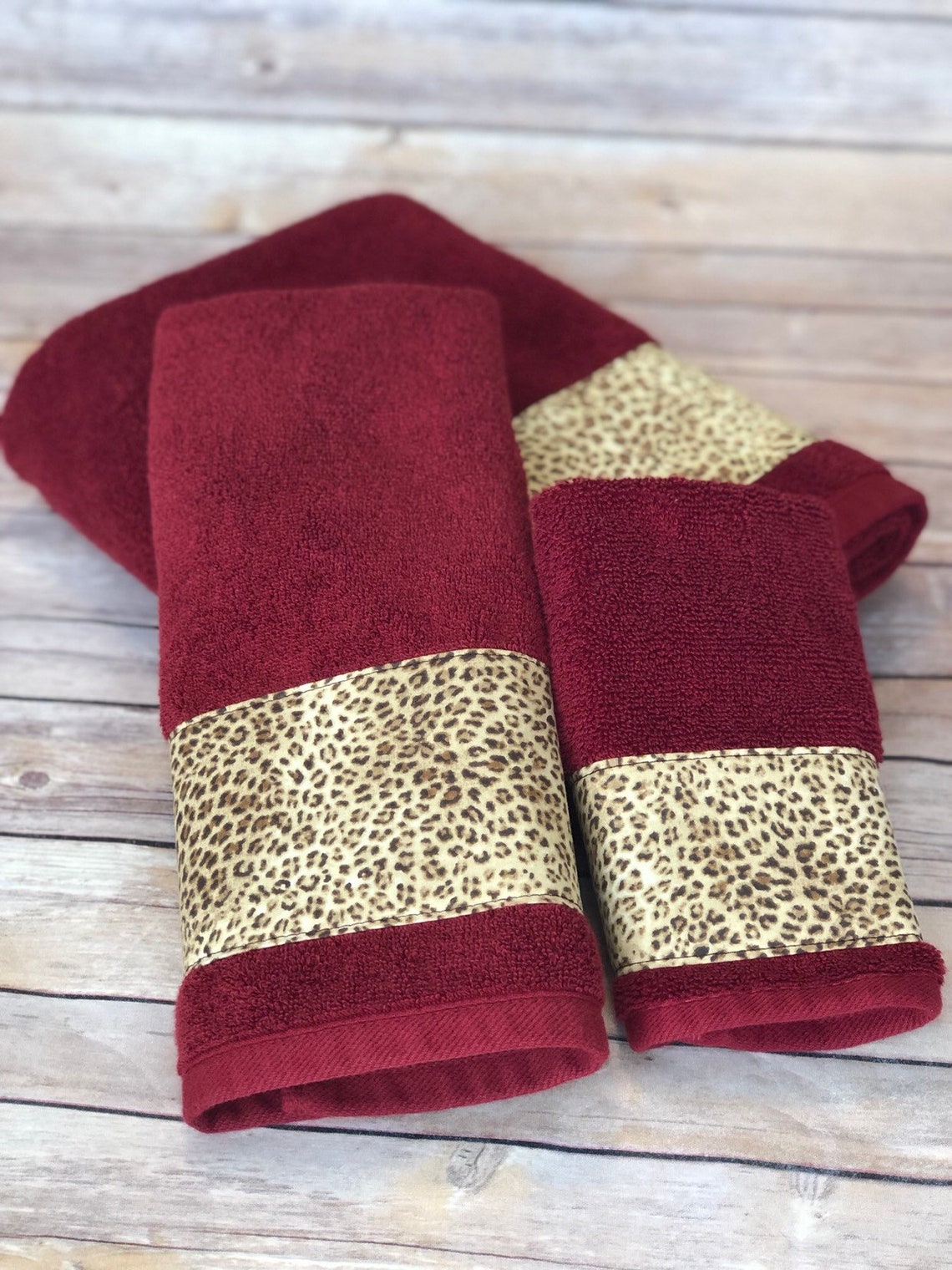 Leopard Red Bath towels. cream and brown leopard print on red Etsy