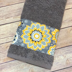 Yellow Grey, Gray, bathroom towels, hand towels, towel, yellow and grey, yellow bathroom, bath decor, grey towels, yellow towels, towel rack image 1