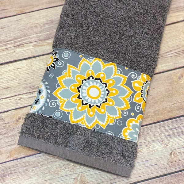 Yellow Grey, Gray, bathroom towels, hand towels, towel, yellow and grey, yellow bathroom, bath decor, grey towels, yellow towels, towel rack