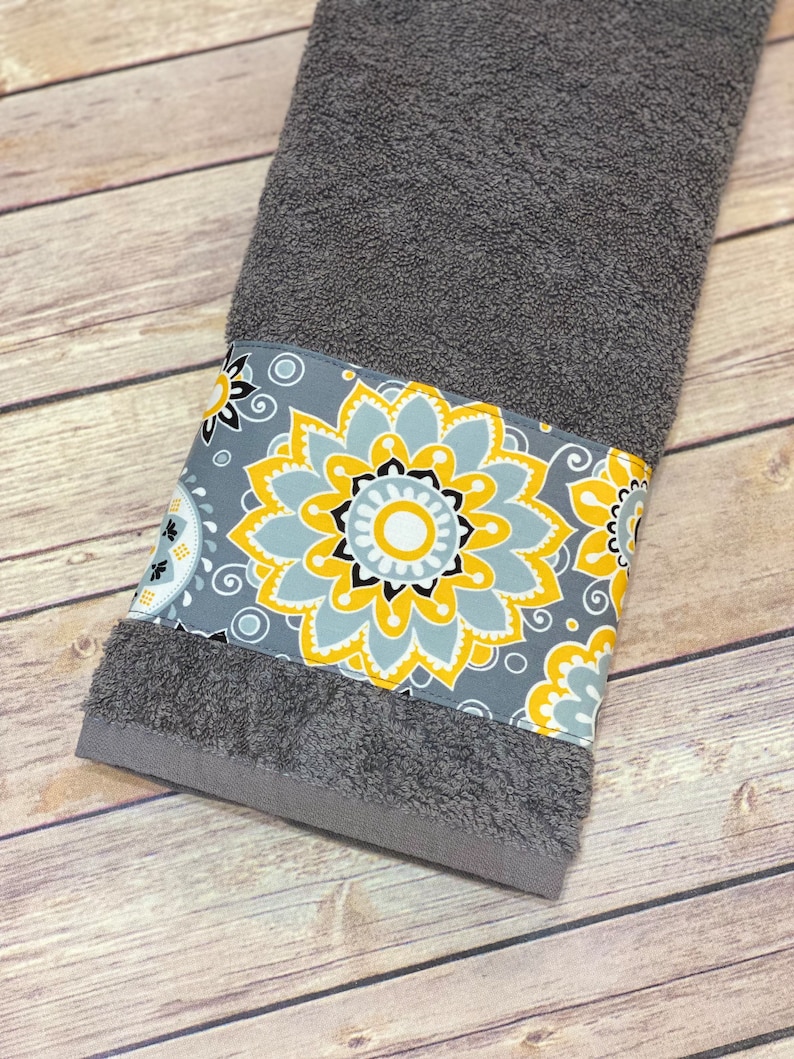 Yellow Grey, Gray, bathroom towels, hand towels, towel, yellow and grey, yellow bathroom, bath decor, grey towels, yellow towels, towel rack image 1