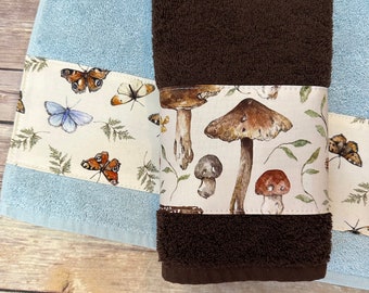 Mushroom and Butterflies Bath and Hand Towels in 4 sizes 10 colors of towel to choose from made by August Ave Towels, Sold Individually