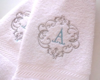 Monogrammed white bath towels you pick the towel size and letter made for you by August Ave, embroidery towels, custom personalized towels