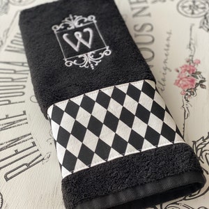 Harlequin Black and White diamond bathroom towel custom monogram, towels personalized monogrammed, hand, sheet, bath, washcloth image 4