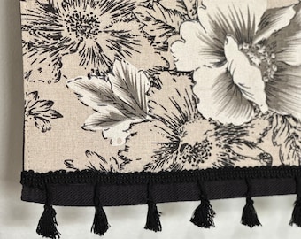Black Cotton Bath Towel: Floral Linen Tassel Trim, French Country Decor