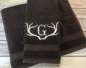 Deer Antler Monogrammed personalized custom bath towels 4 sizes 10 colors made just for you by August Ave Towels monogram towels bathroom