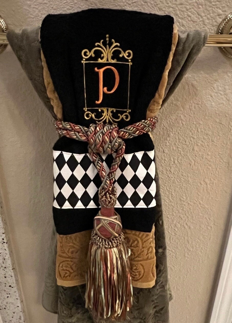 Monogrammed Black Bath Towel: Harlequin Diamond Print, Personalized Embroidery