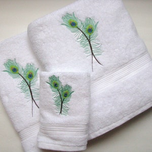 Peacock bath towels, WHITE bath towels, peacock, peacock feather, hand AND bath, towel, custom towel, embroidered towel, peacock bath