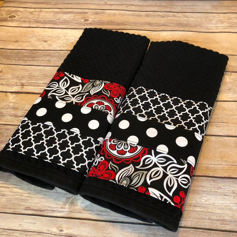 Kitchen Towel Set Black White Red Handmade Kitchen Black Etsy