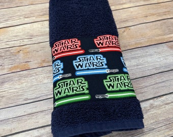 Star Wars Bath Towel: Lightsaber Fabric Trim, Navy Cotton