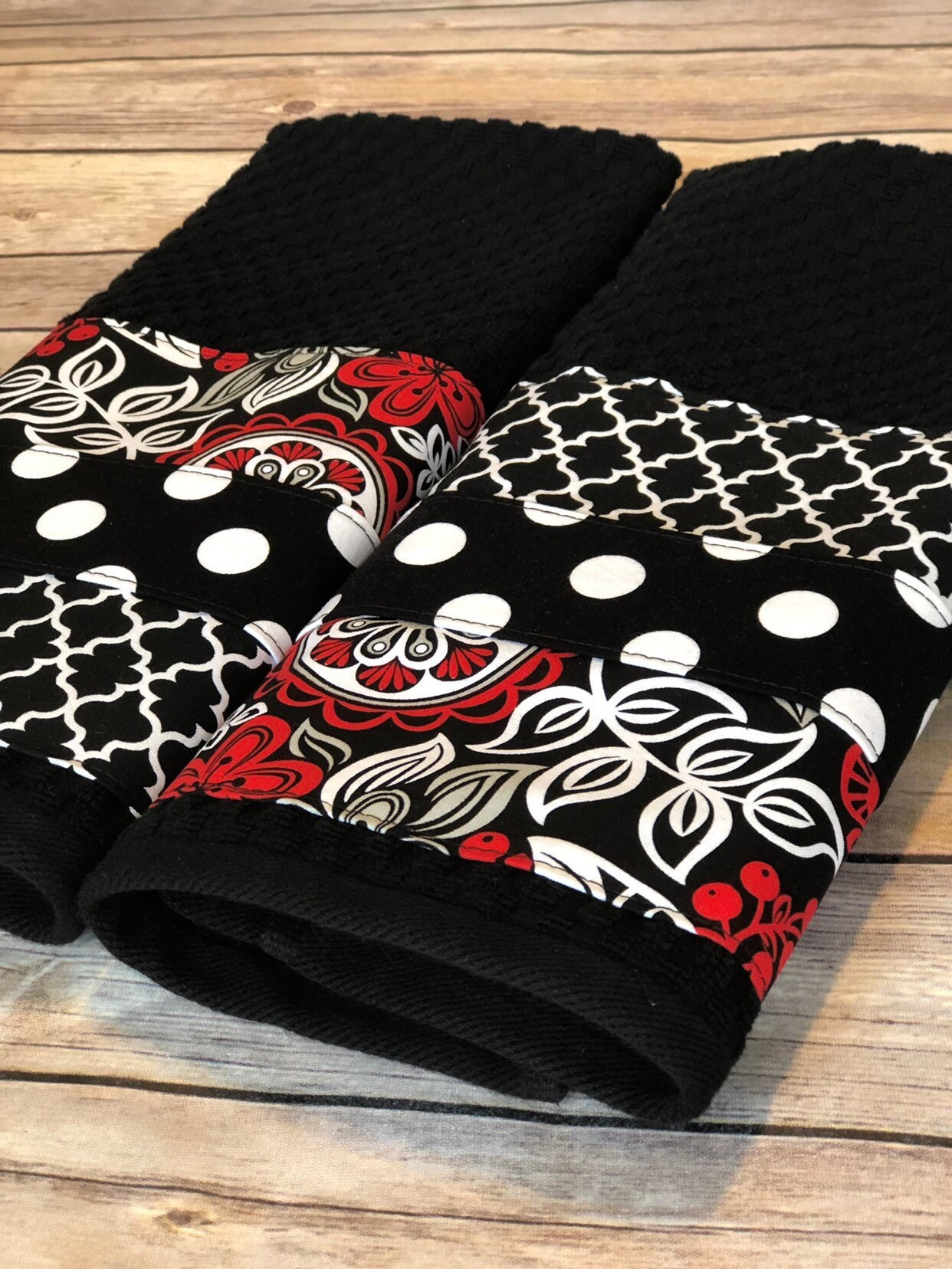 Kitchen Towel Set Black White Red Handmade Kitchen Black Etsy