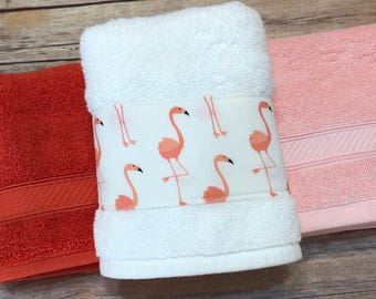 flamingo bathroom towel, bath towel and hand towels, bathroom, powder room, towel bar, bird, august ave, flamingo decor or bathroom