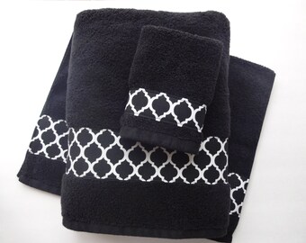 Black Hand and Bath Towels, hand towels, custom towels, black, black lattice, black bathroom, black towel, quatrefoil towel