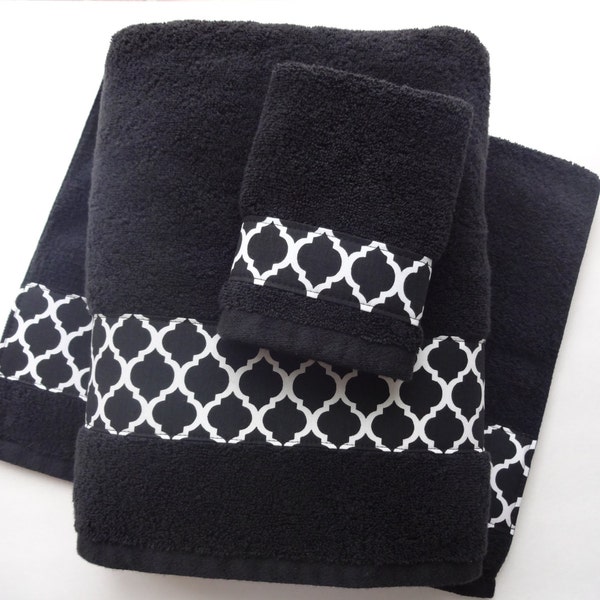 Black Hand and Bath Towels, hand towels, custom towels, black, black lattice, black bathroom, black towel, quatrefoil towel