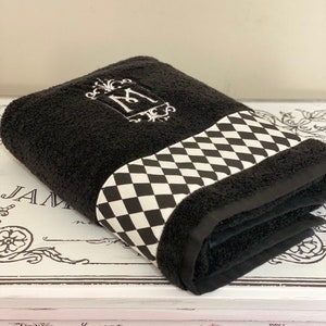 Harlequin Black and White diamond bathroom towel custom monogram, towels personalized monogrammed, hand, sheet, bath, washcloth image 6