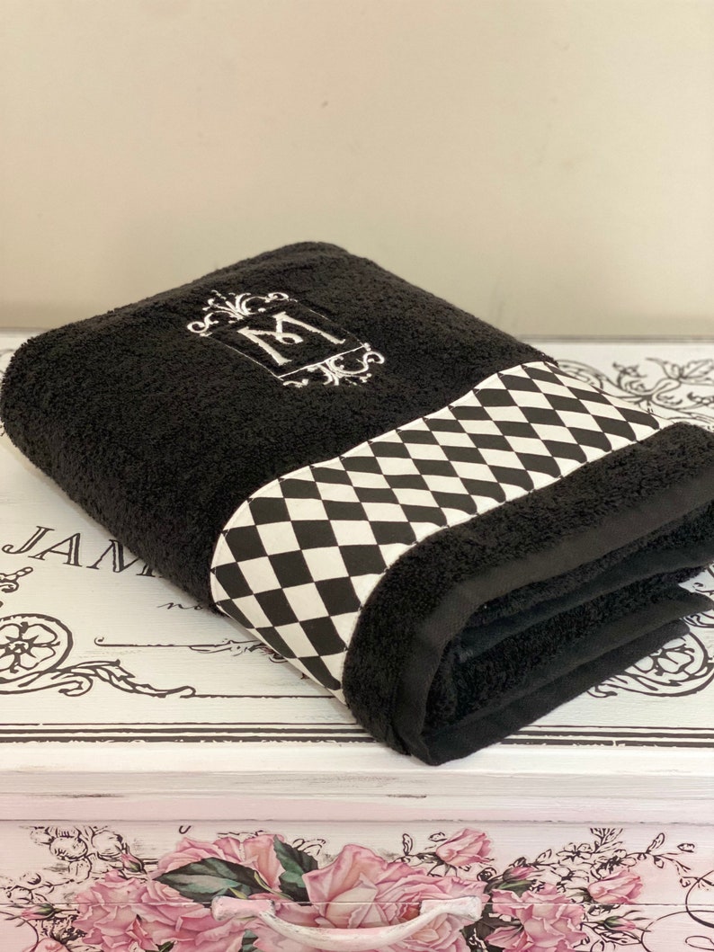 Harlequin Black and White diamond bathroom towel custom monogram, towels personalized monogrammed, hand, sheet, bath, washcloth image 6