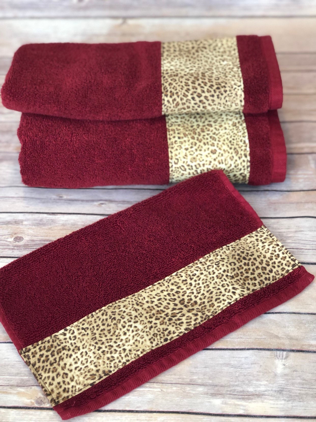 Leopard Red Bath towels. cream and brown leopard print on red Etsy