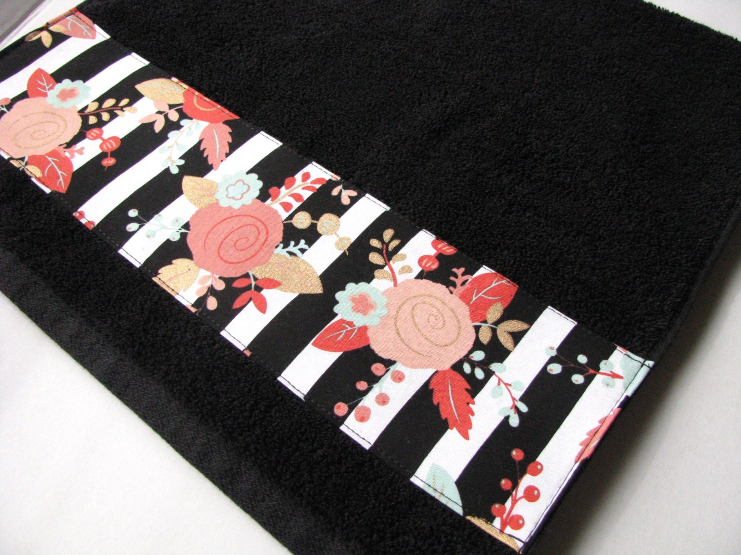 Black and White Floral Stripe Fabric on Bath Towels You Pick Etsy