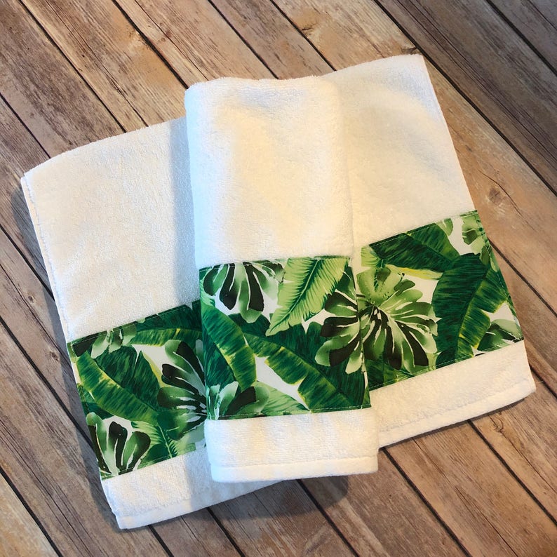 Banana Leaf Tropical Leaf Bath Towels in Green and White Made Etsy