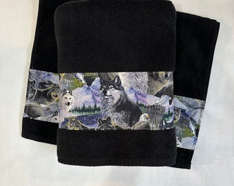 Wolf Bath Towels 4 sizes, hand and bath towels, wolf wolves, bald eagle, handmade for your bathroom by August Ave Towels, Yellowstone Park