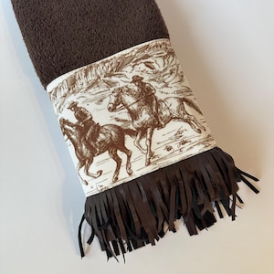 Western Horse Hand and Bath Towels, 2 sizes and 3 towel colors,  Farm Yellowstone décor, Fringed Trim Bath Towels, horse saddle Ranch