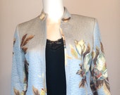 ASIAN INFUSION - Gorgeous 80s 90s STUDIO by Liz Claiborne Jacket - Light Blue, Quilted w Floral Pattern - Lined - Cotton Poly Blend - Sz S