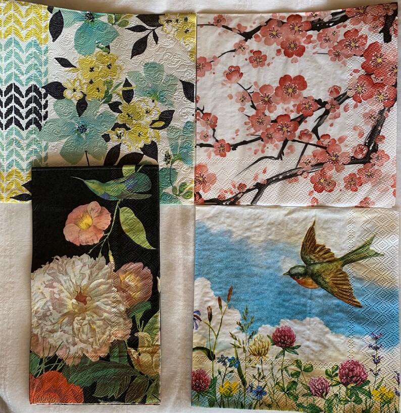 8 Napkins Decoupage Florals Botanicals Birds Cherry Blossoms ...