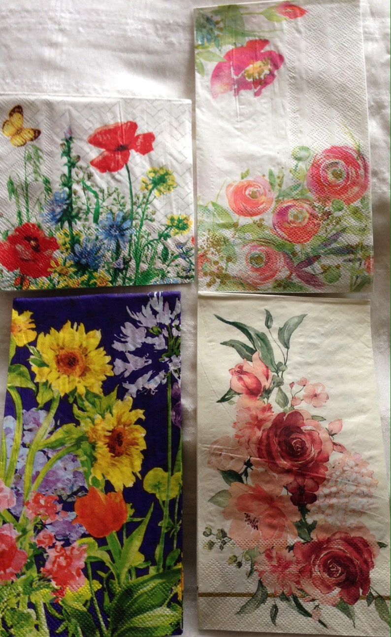 tags etc.. 8 Napkins Decoupage Florals Sunflowers Blooms Roses Botanicals Butterfly Blossoms Garden Perfect for journal pages