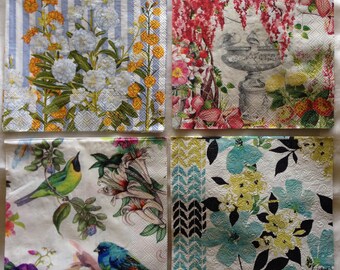 8 Napkins Decoupage Florals Garden Botanicals Birds Lily Flowers. Perfect for journal pages, tags etc...