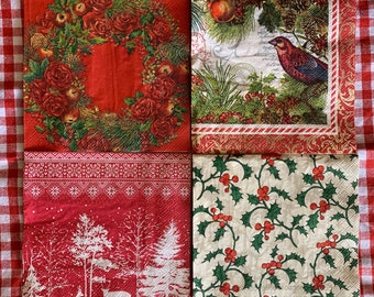 8 Napkins Decoupage Christmas Florals, Birds, Deer, Wreath, Snow, Holly. Perfect for journal pages, tags etc...
