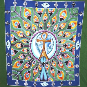 Peacock Mandala-Batik Banner Tapestry Peacock and Ankh Symbol